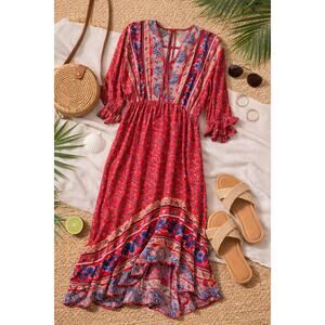 Umgee Red Boho Paisley Maxi Dress XL Elastic Waist Tie V‑Neck Casual Summer